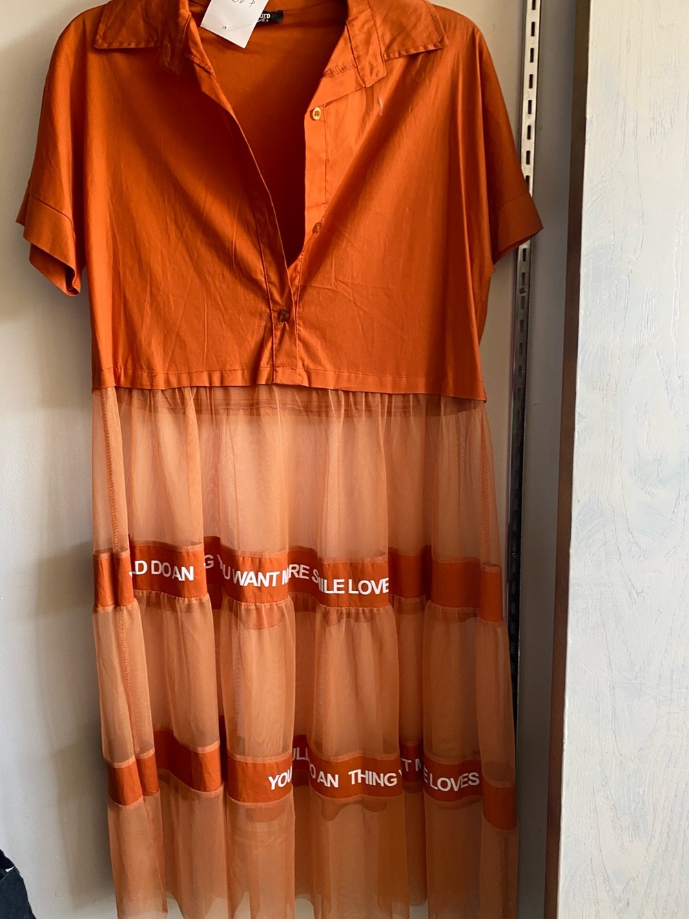 Orange Mesh Panel Shirt Dress